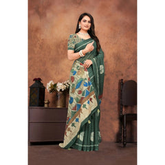 Mayawye Women's Linen Printed Saree With Unstitched Blouse 5.5Mtr (Dark Green)