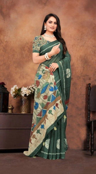 Mayawye Women's Linen Printed Saree With Unstitched Blouse 5.5Mtr (Dark Green)
