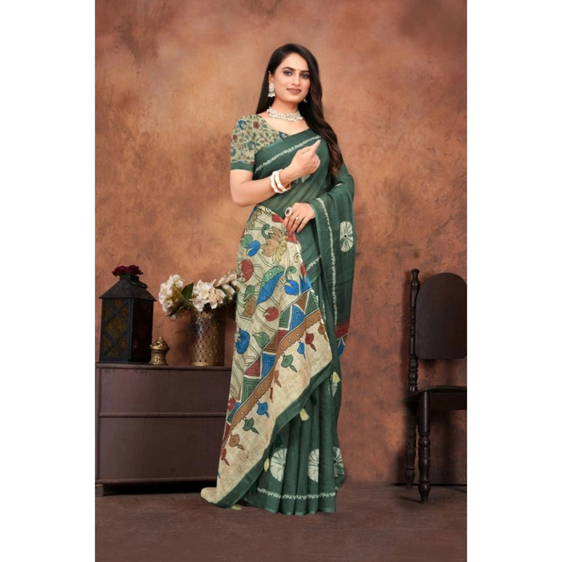 Mayawye Women's Linen Printed Saree With Unstitched Blouse 5.5Mtr (Dark Green)