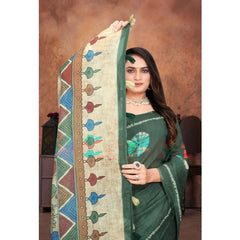 Mayawye Women's Linen Printed Saree With Unstitched Blouse 5.5Mtr (Dark Green)