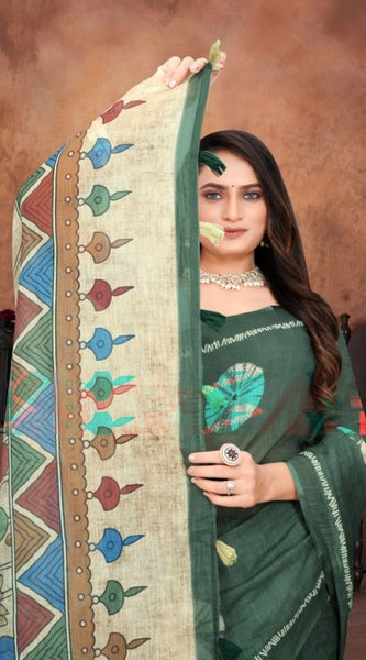 Mayawye Women's Linen Printed Saree With Unstitched Blouse 5.5Mtr (Dark Green)