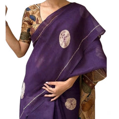 Mayawye Women's Linen Printed Saree With Unstitched Blouse 5.5Mtr (Purple)