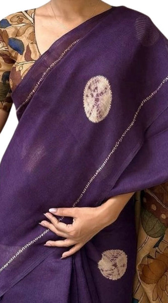 Mayawye Women's Linen Printed Saree With Unstitched Blouse 5.5Mtr (Purple)