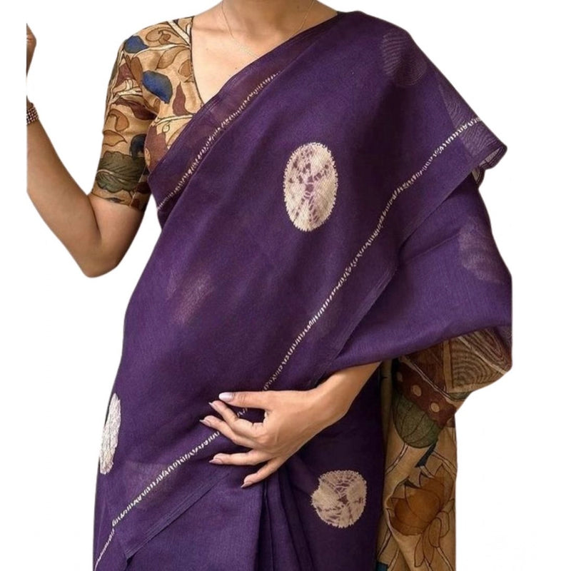 Mayawye Women's Linen Printed Saree With Unstitched Blouse 5.5Mtr (Purple)