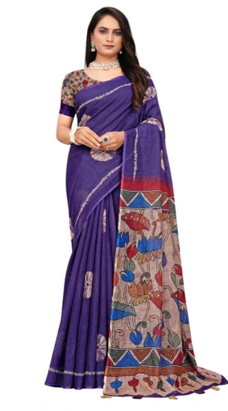 Mayawye Women's Linen Printed Saree With Unstitched Blouse 5.5Mtr (Purple)