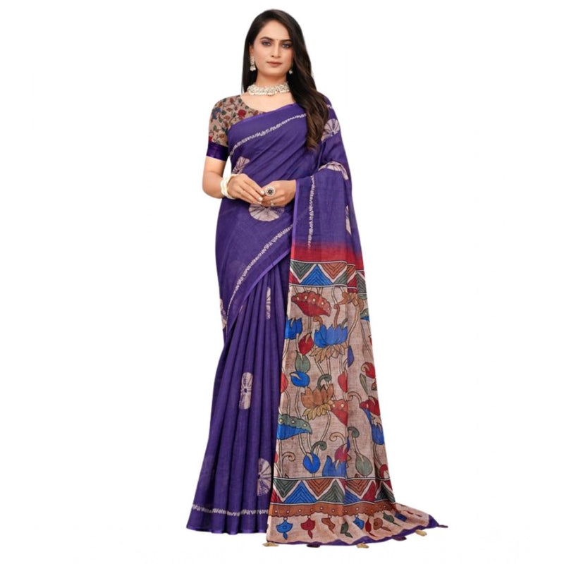 Mayawye Women's Linen Printed Saree With Unstitched Blouse 5.5Mtr (Purple)