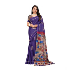 Mayawye Women's Linen Printed Saree With Unstitched Blouse 5.5Mtr (Purple)