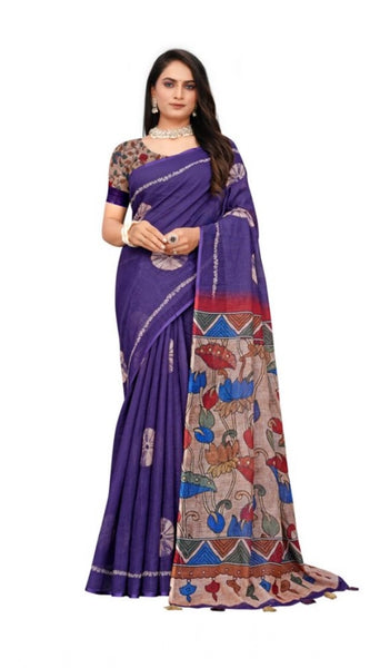 Mayawye Women's Linen Printed Saree With Unstitched Blouse 5.5Mtr (Purple)