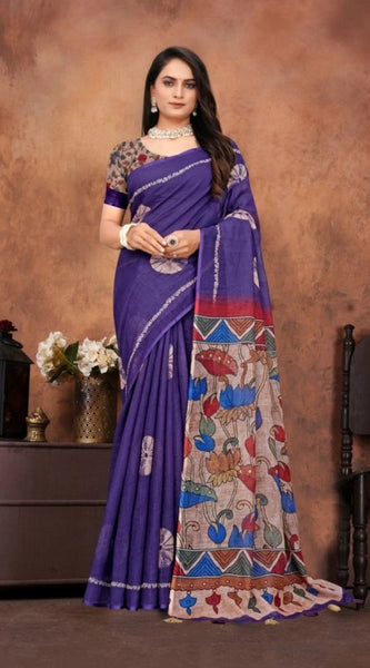 Mayawye Women's Linen Printed Saree With Unstitched Blouse 5.5Mtr (Purple)