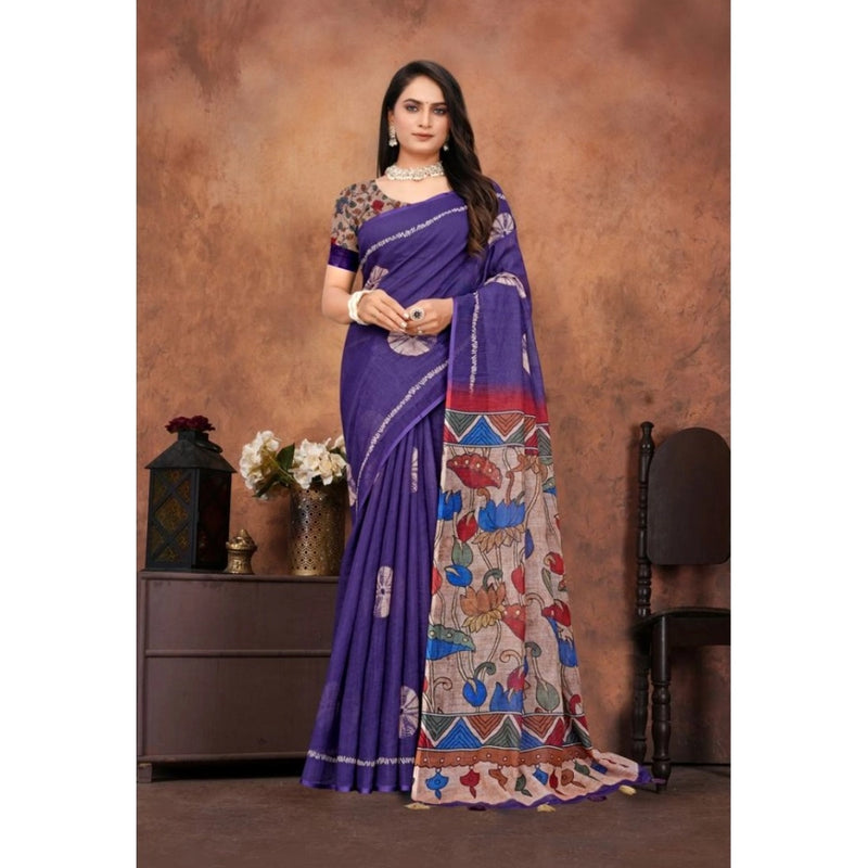 Mayawye Women's Linen Printed Saree With Unstitched Blouse 5.5Mtr (Purple)