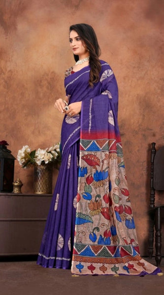 Mayawye Women's Linen Printed Saree With Unstitched Blouse 5.5Mtr (Purple)