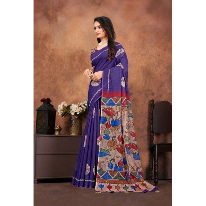Mayawye Women's Linen Printed Saree With Unstitched Blouse 5.5Mtr (Purple)