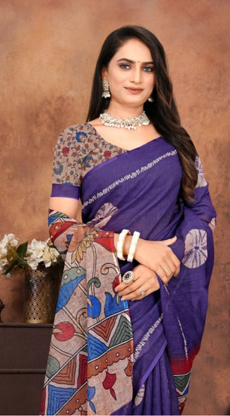 Mayawye Women's Linen Printed Saree With Unstitched Blouse 5.5Mtr (Purple)