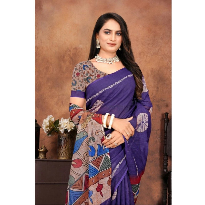 Mayawye Women's Linen Printed Saree With Unstitched Blouse 5.5Mtr (Purple)