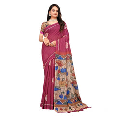 Mayawye Women's Linen Printed Saree With Unstitched Blouse 5.5Mtr (Purple)
