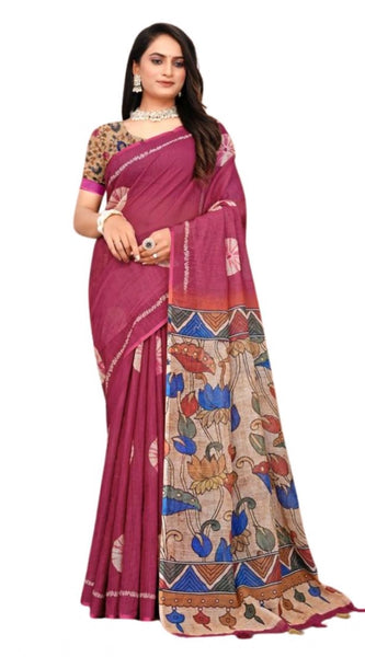 Mayawye Women's Linen Printed Saree With Unstitched Blouse 5.5Mtr (Purple)