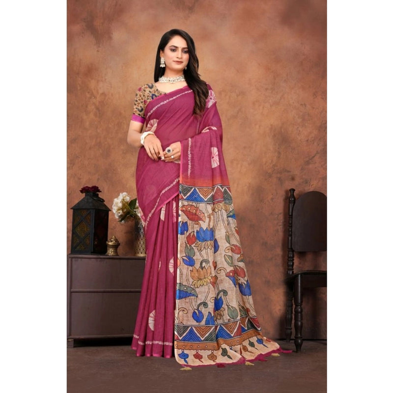 Mayawye Women's Linen Printed Saree With Unstitched Blouse 5.5Mtr (Purple)