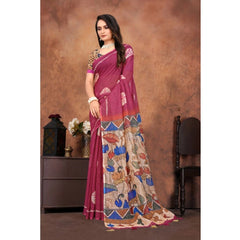 Mayawye Women's Linen Printed Saree With Unstitched Blouse 5.5Mtr (Purple)