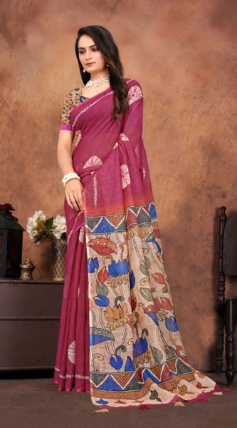 Mayawye Women's Linen Printed Saree With Unstitched Blouse 5.5Mtr (Purple)