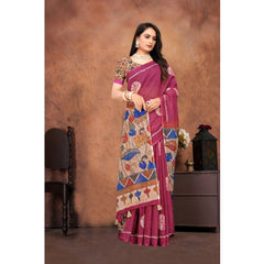 Mayawye Women's Linen Printed Saree With Unstitched Blouse 5.5Mtr (Purple)