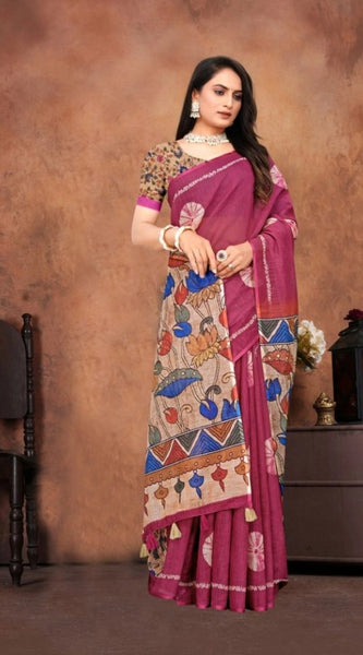 Mayawye Women's Linen Printed Saree With Unstitched Blouse 5.5Mtr (Purple)