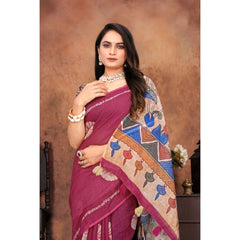 Mayawye Women's Linen Printed Saree With Unstitched Blouse 5.5Mtr (Purple)