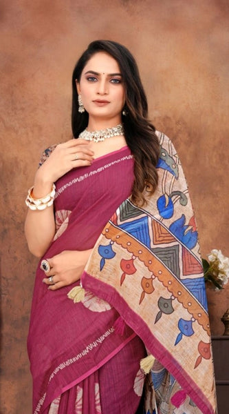Mayawye Women's Linen Printed Saree With Unstitched Blouse 5.5Mtr (Purple)