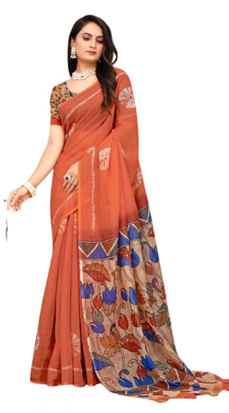 Mayawye Women's Linen Printed Saree With Unstitched Blouse 5.5Mtr (Red)