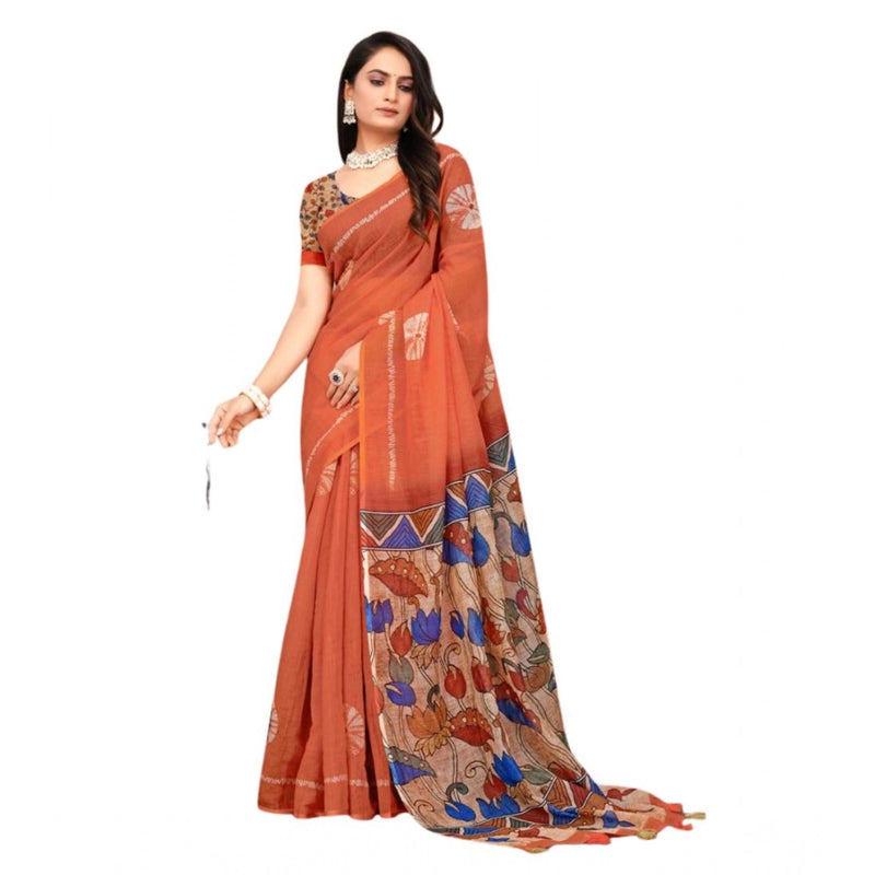 Mayawye Women's Linen Printed Saree With Unstitched Blouse 5.5Mtr (Red)