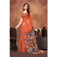 Mayawye Women's Linen Printed Saree With Unstitched Blouse 5.5Mtr (Red)