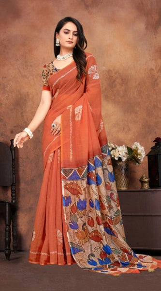 Mayawye Women's Linen Printed Saree With Unstitched Blouse 5.5Mtr (Red)