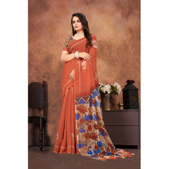 Mayawye Women's Linen Printed Saree With Unstitched Blouse 5.5Mtr (Red)