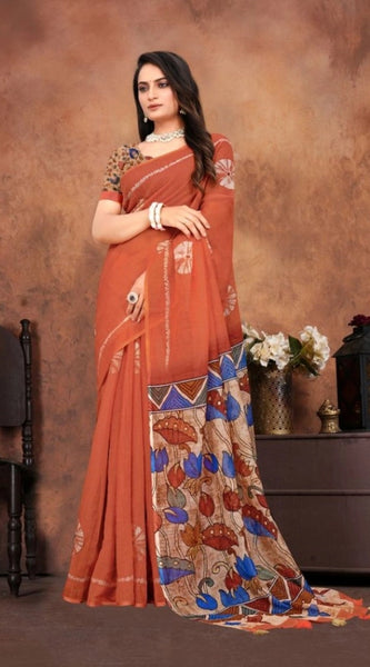 Mayawye Women's Linen Printed Saree With Unstitched Blouse 5.5Mtr (Red)