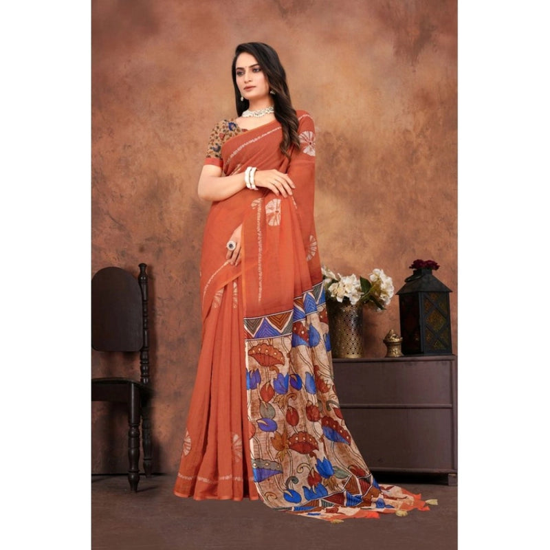 Mayawye Women's Linen Printed Saree With Unstitched Blouse 5.5Mtr (Red)