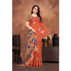 Mayawye Women's Linen Printed Saree With Unstitched Blouse 5.5Mtr (Red)
