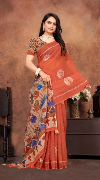 Mayawye Women's Linen Printed Saree With Unstitched Blouse 5.5Mtr (Red)