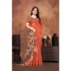 Mayawye Women's Linen Printed Saree With Unstitched Blouse 5.5Mtr (Red)