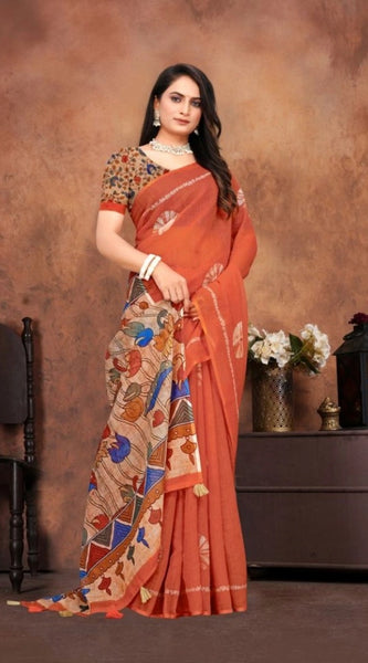 Mayawye Women's Linen Printed Saree With Unstitched Blouse 5.5Mtr (Red)