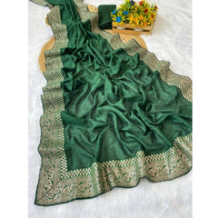 Mayawye Women's Silk Embroidred Saree With Unstitched Blouse 5.5Mtr (Dark Green)