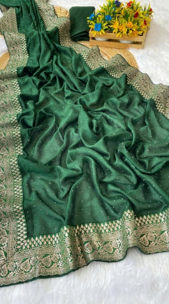 Mayawye Women's Silk Embroidred Saree With Unstitched Blouse 5.5Mtr (Dark Green)