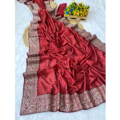 Mayawye Women's Silk Embroidred Saree With Unstitched Blouse 5.5Mtr (Red)