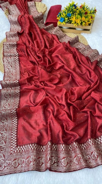 Mayawye Women's Silk Embroidred Saree With Unstitched Blouse 5.5Mtr (Red)