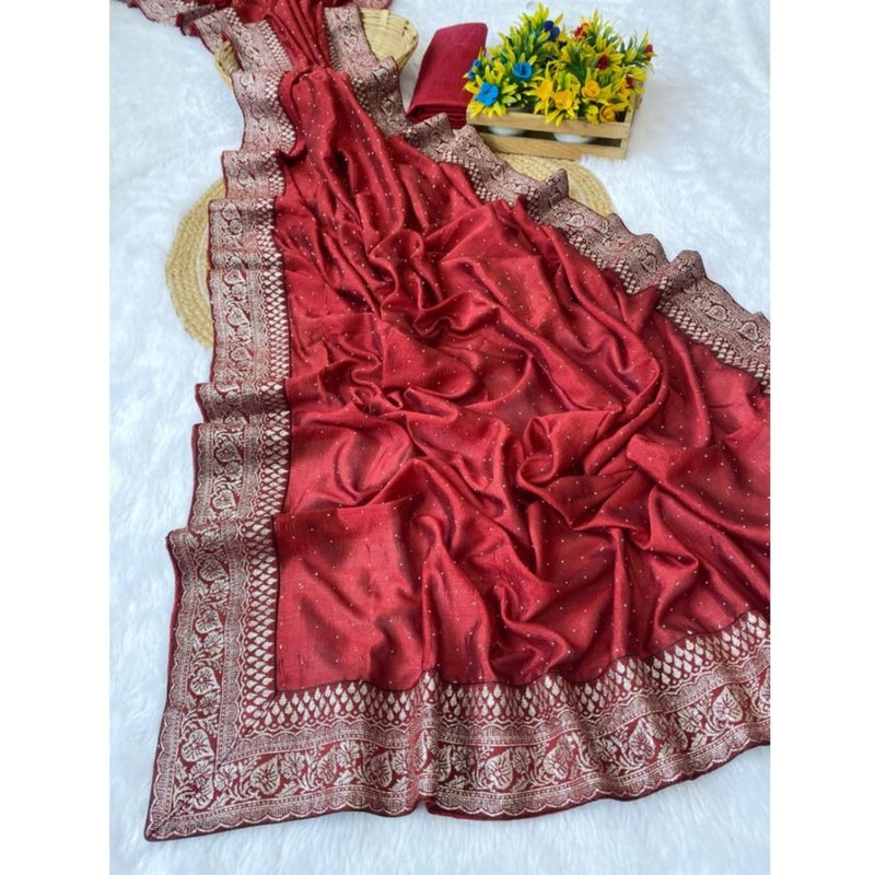 Mayawye Women's Silk Embroidred Saree With Unstitched Blouse 5.5Mtr (Red)