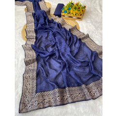 Mayawye Women's Silk Embroidred Saree With Unstitched Blouse 5.5Mtr (Blue)