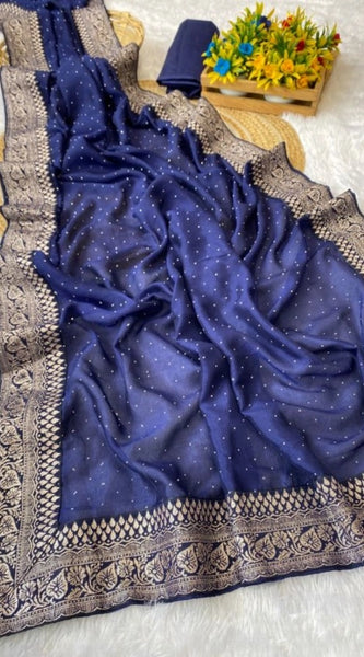 Mayawye Women's Silk Embroidred Saree With Unstitched Blouse 5.5Mtr (Blue)