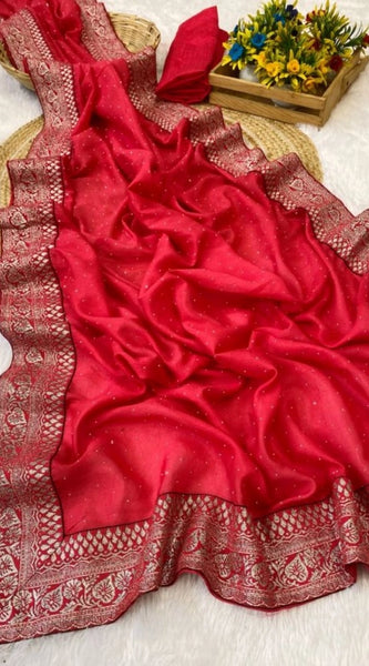 Mayawye Women's Silk Embroidred Saree With Unstitched Blouse 5.5Mtr (Pink)