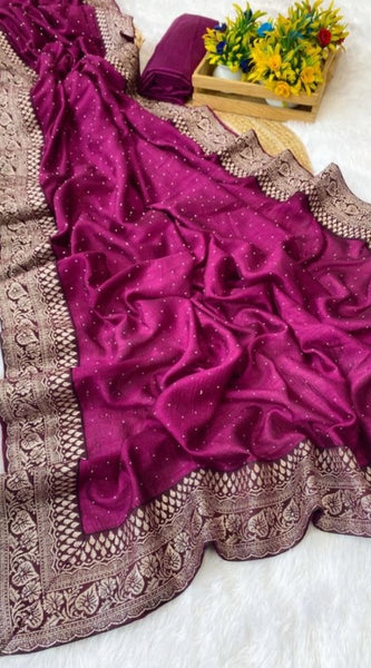 Mayawye Women's Silk Embroidred Saree With Unstitched Blouse 5.5Mtr (Purple)