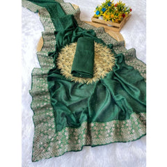 Mayawye Women's Silk Embroidred Saree With Unstitched Blouse 5.5Mtr (Dark Green)