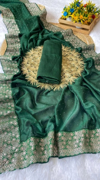 Mayawye Women's Silk Embroidred Saree With Unstitched Blouse 5.5Mtr (Dark Green)