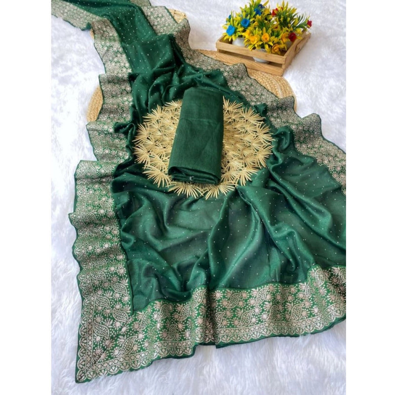 Mayawye Women's Silk Embroidred Saree With Unstitched Blouse 5.5Mtr (Dark Green)